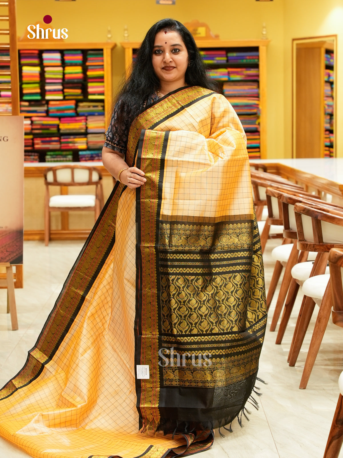 Peach Silk Cotton Saree with Checks | Brown Contrast Border