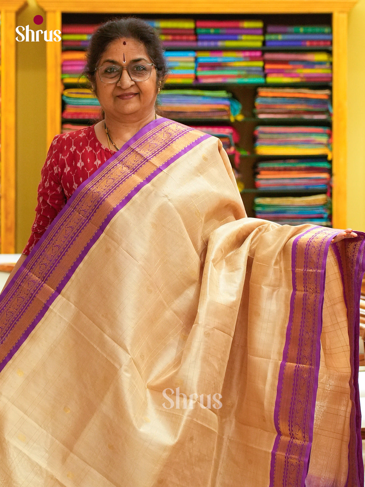 Sandal Silk Cotton Saree with Checks with Buttas and Peacock Buttas | Purple Contrast Border