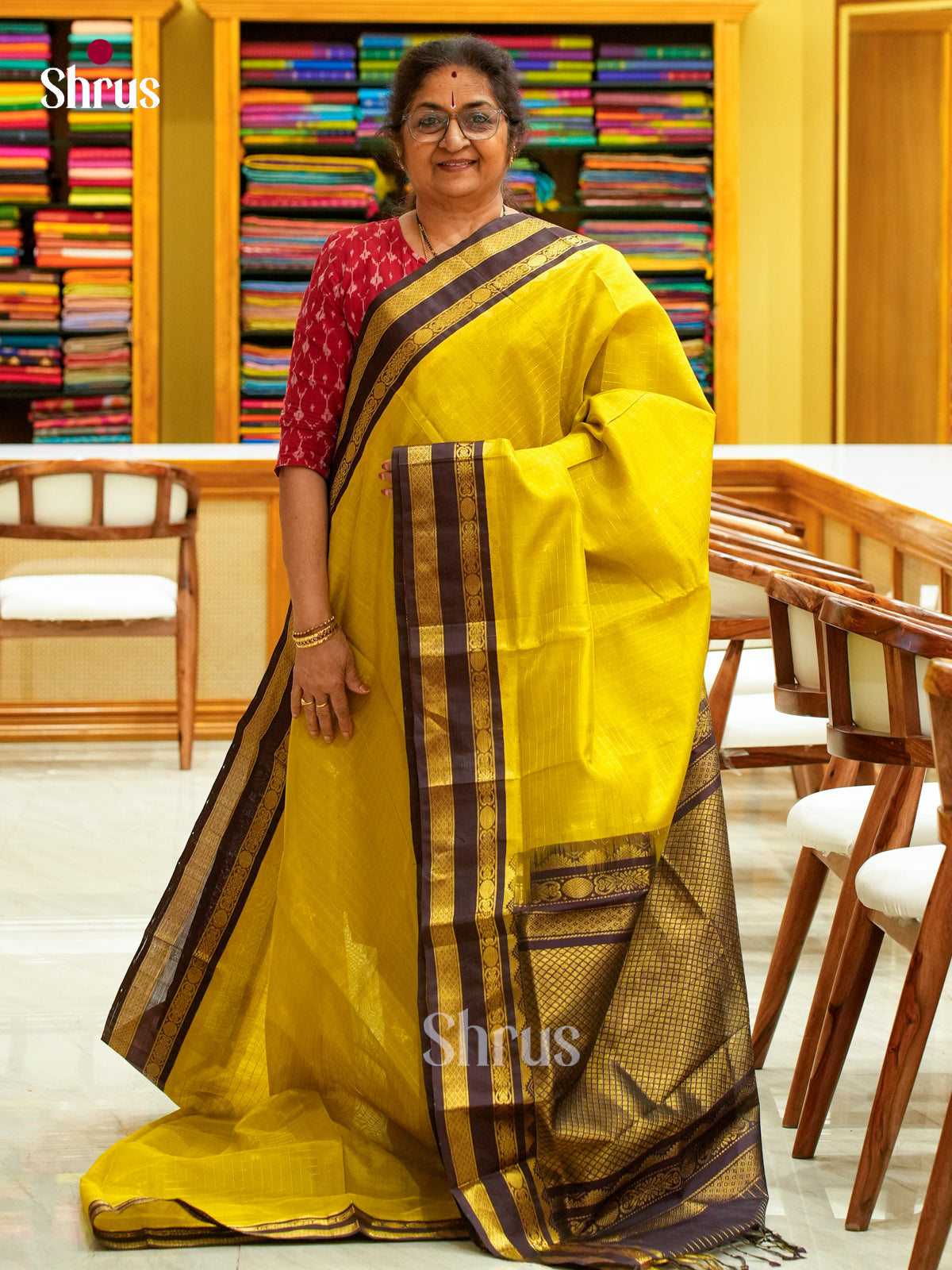 Olive Green Silk Cotton Saree with Checks with Buttas and Leaf Buttas | Dark Brown Contrast Border