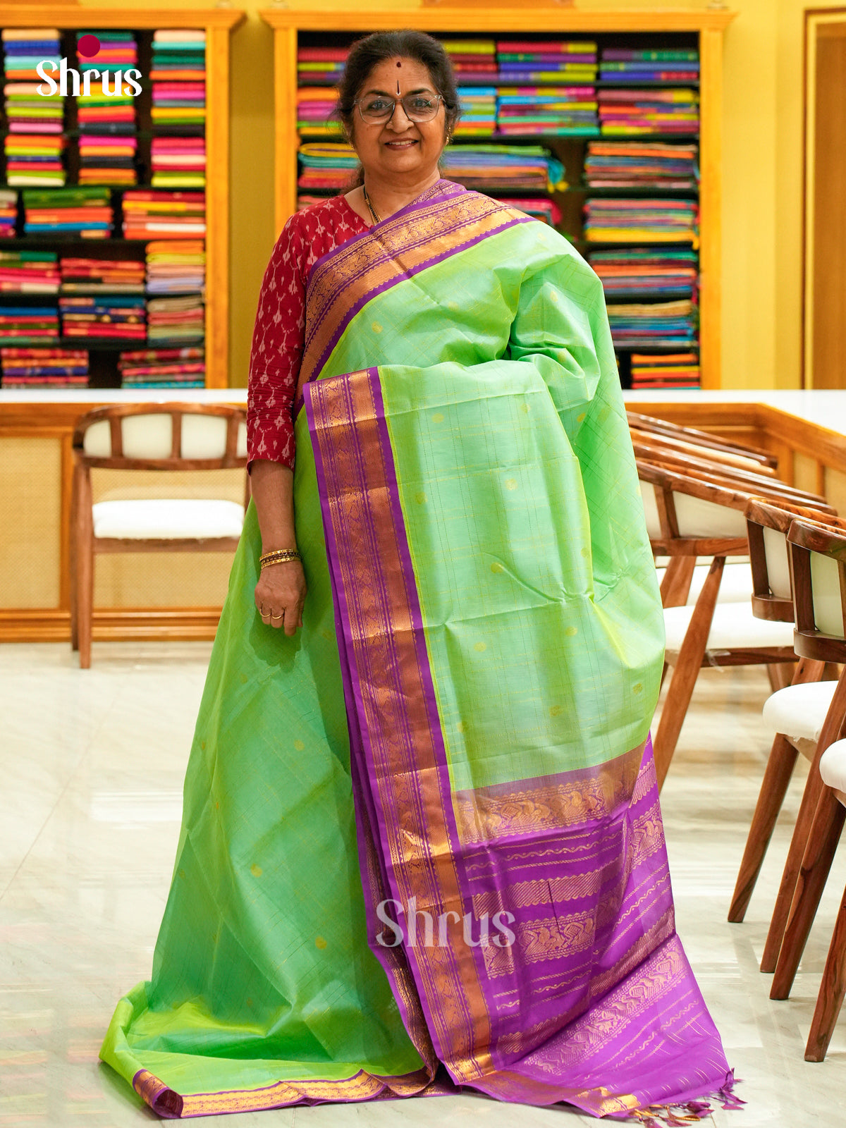 Pista Green Silk Cotton Saree with Checks with Buttas and Peacock Buttas | Violet Contrast Border
