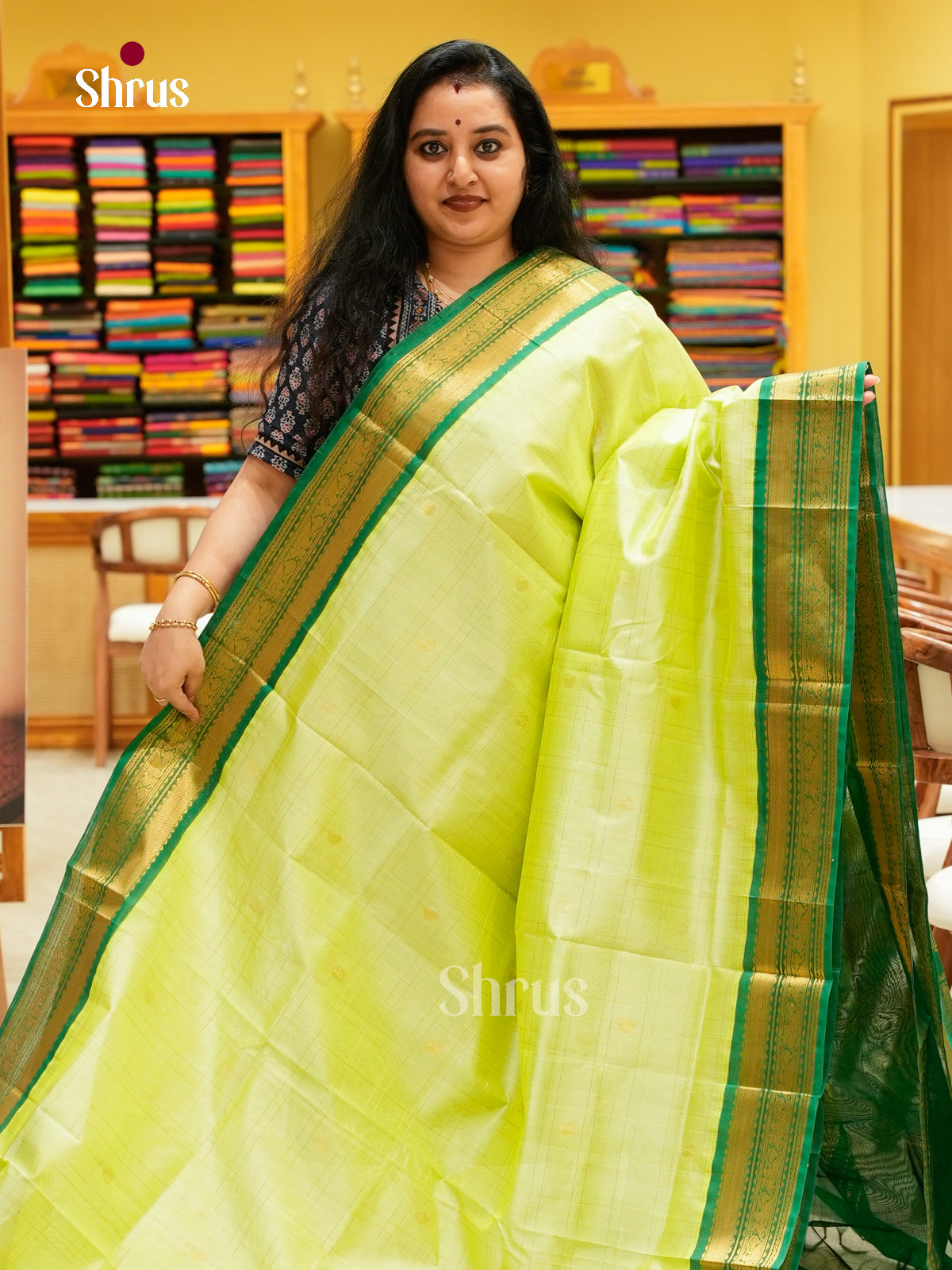 Pista Green Silk Cotton Saree with Checks with Buttas and Peacock Buttas | Dark Green Contrast Border