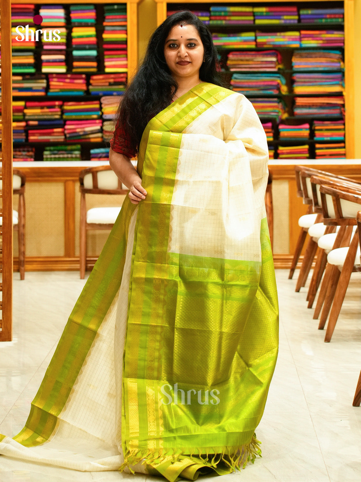 Off-White Silk Cotton Saree with Checks with Buttas and Leaf Buttas | Lime Green Contrast Border - Shop on Shrus.com