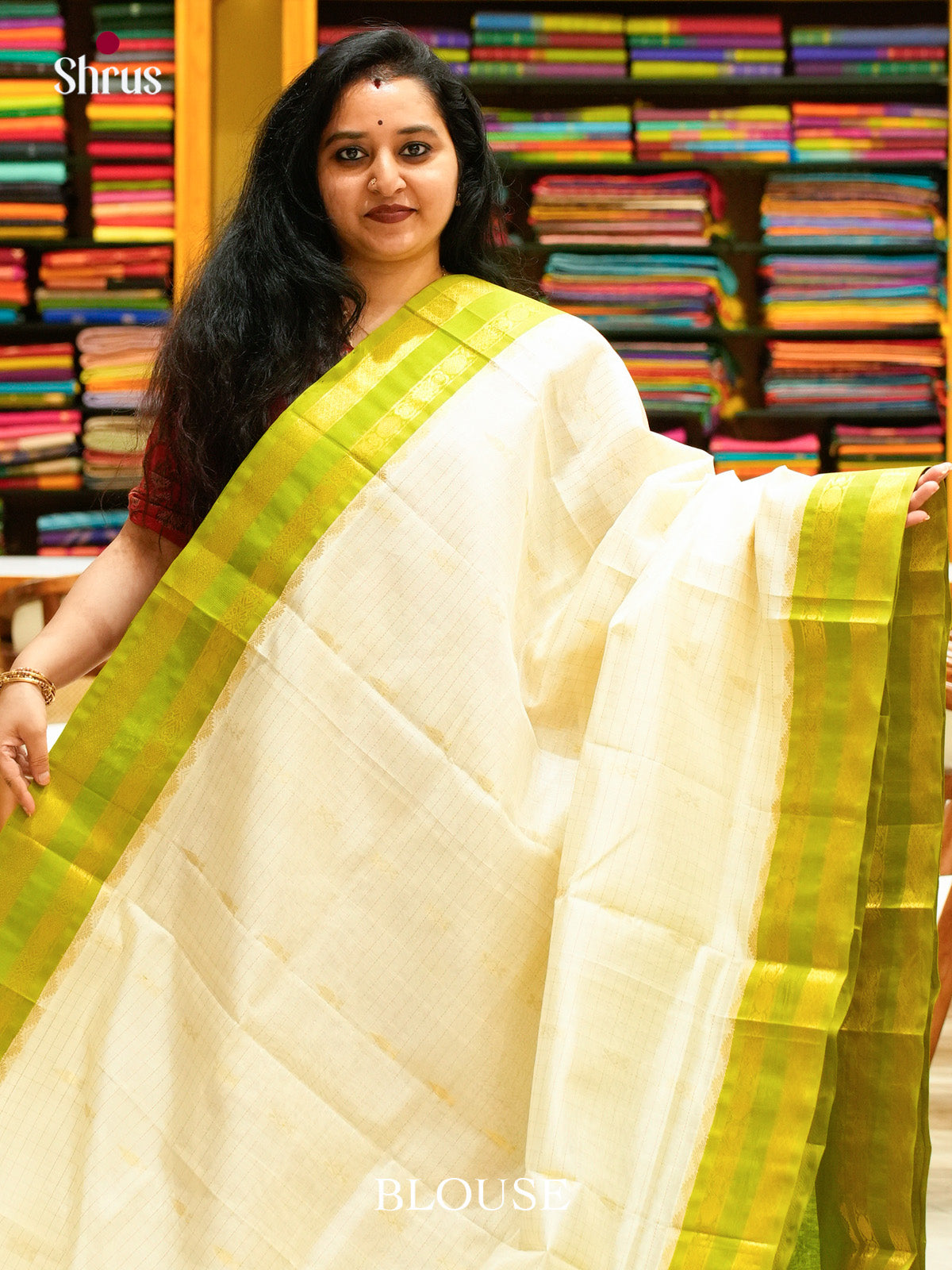 Off-White Silk Cotton Saree with Checks with Buttas and Leaf Buttas | Lime Green Contrast Border - Shop on Shrus.com