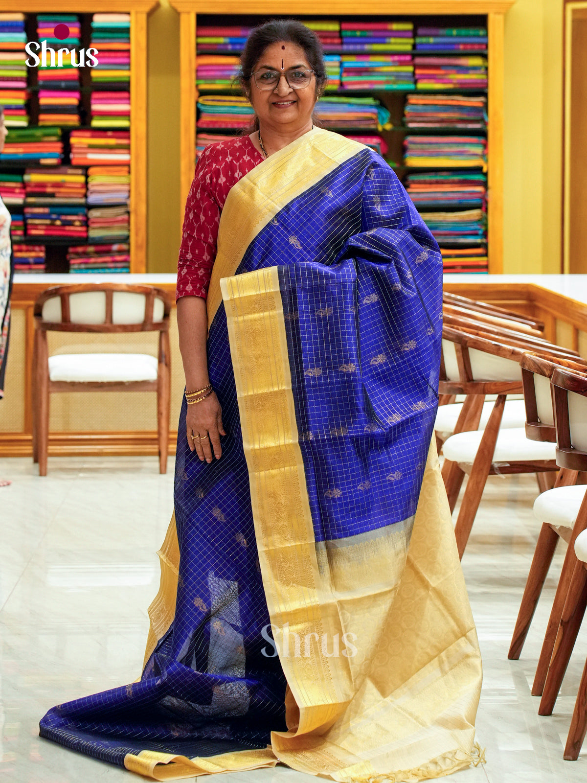Royal Blue Silk Cotton Saree with Checks with Buttas and Floral Buttas | Grey Contrast Border