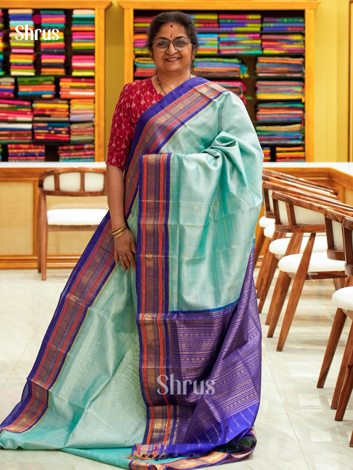 Turquoise Silk Cotton Saree with Checks with Buttas and Floral Buttas | Royal Blue Contrast Border