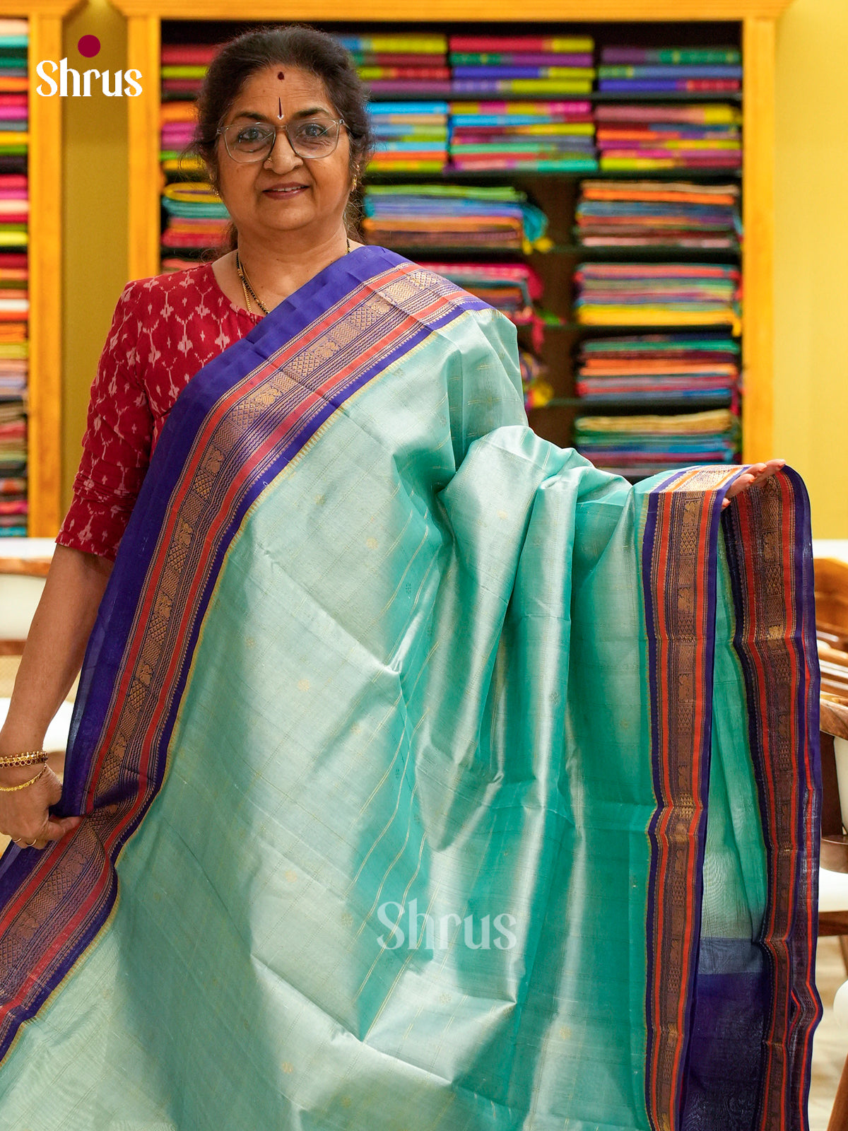 Turquoise Silk Cotton Saree with Checks with Buttas and Floral Buttas | Royal Blue Contrast Border