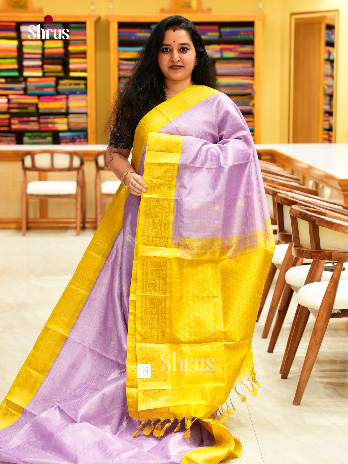 Lavender Silk Cotton Saree with Checks | Olive Green Contrast Border