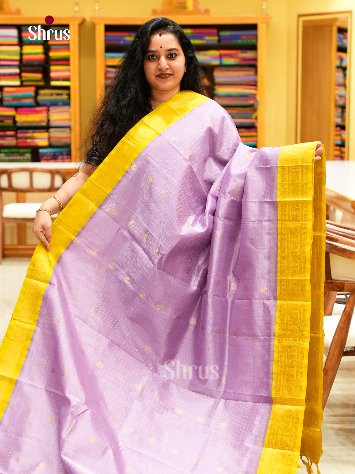 Lavender Silk Cotton Saree with Checks | Olive Green Contrast Border