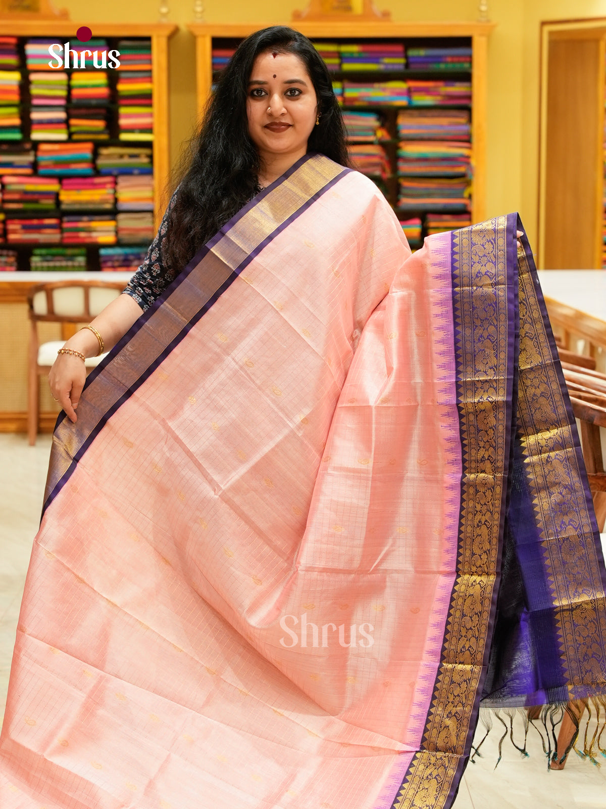 Baby Pink Silk Cotton Saree with Checks | Violet Contrast Border