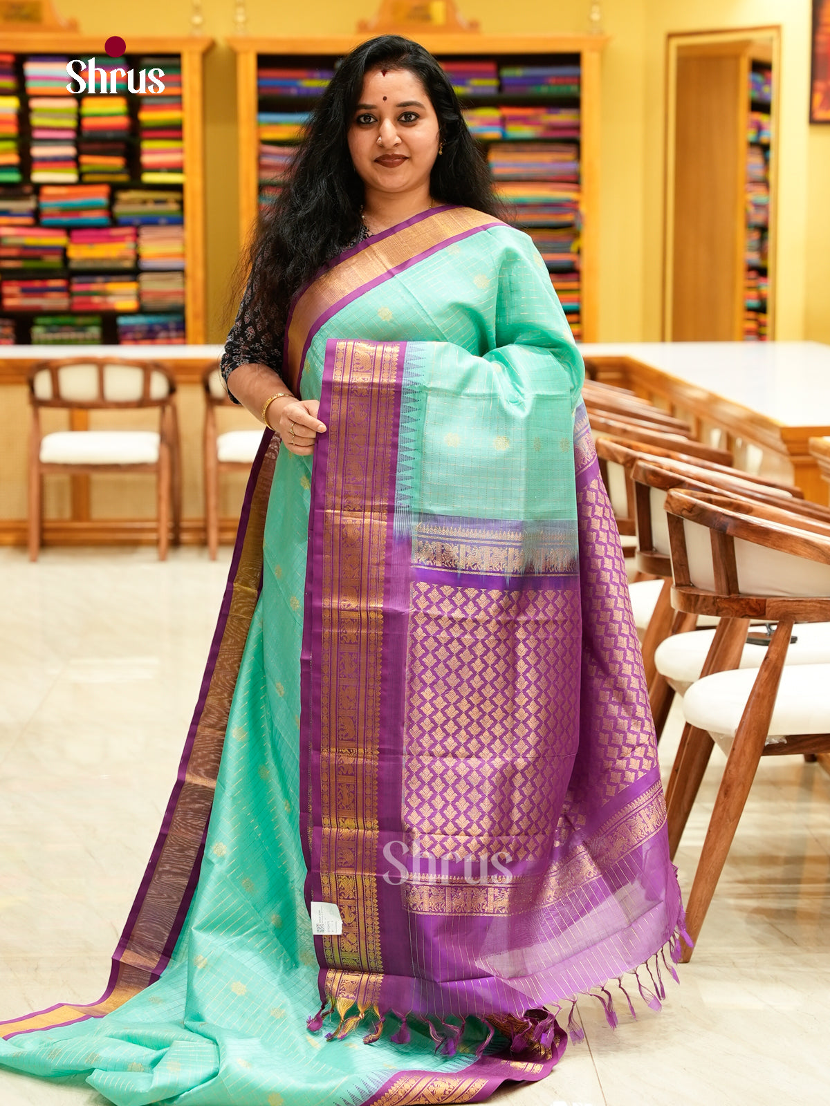 Turquoise Silk Cotton Saree with Checks with Buttas and Floral Buttas | Magenta Contrast Border