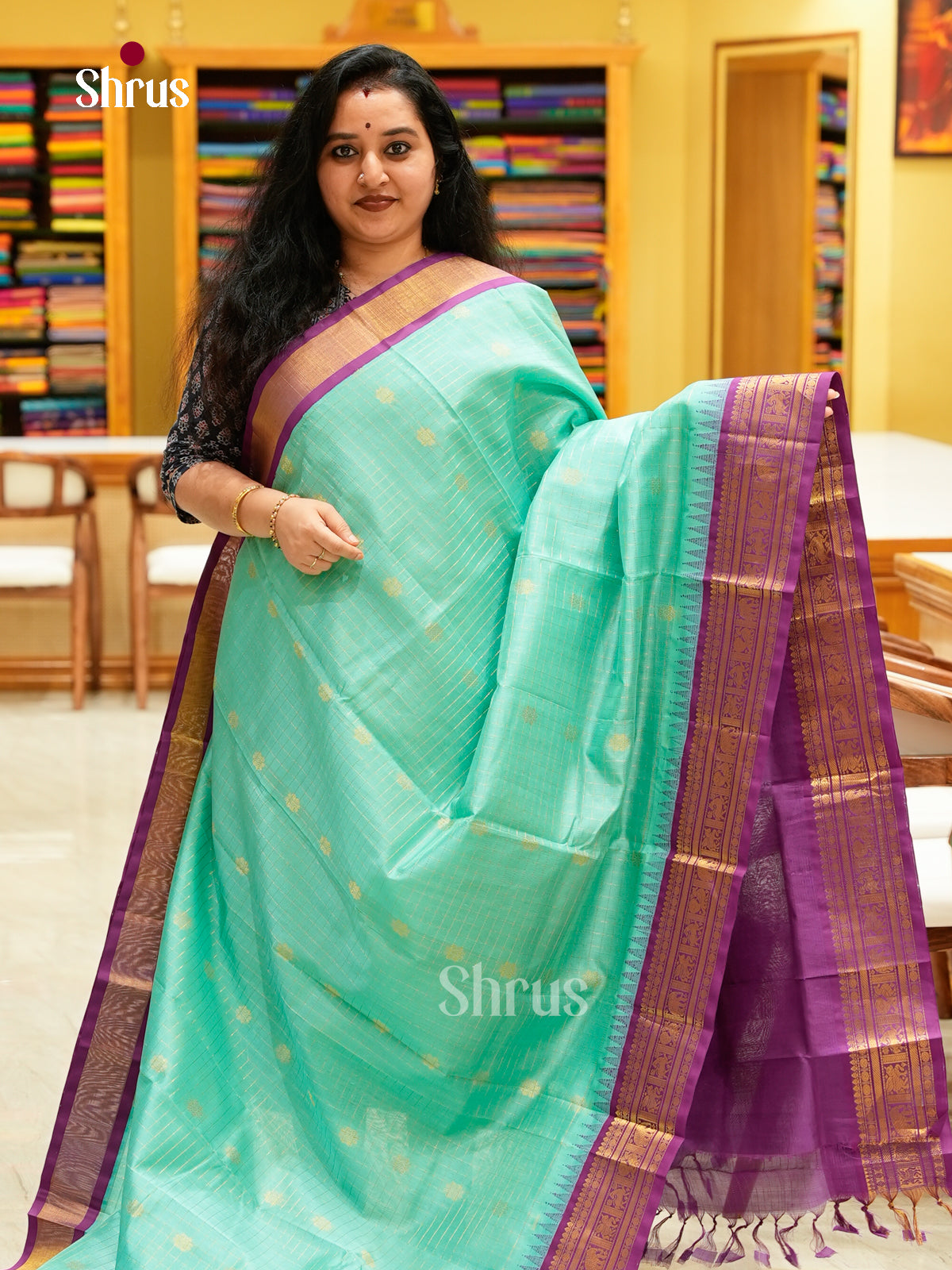 Turquoise Silk Cotton Saree with Checks with Buttas and Floral Buttas | Magenta Contrast Border