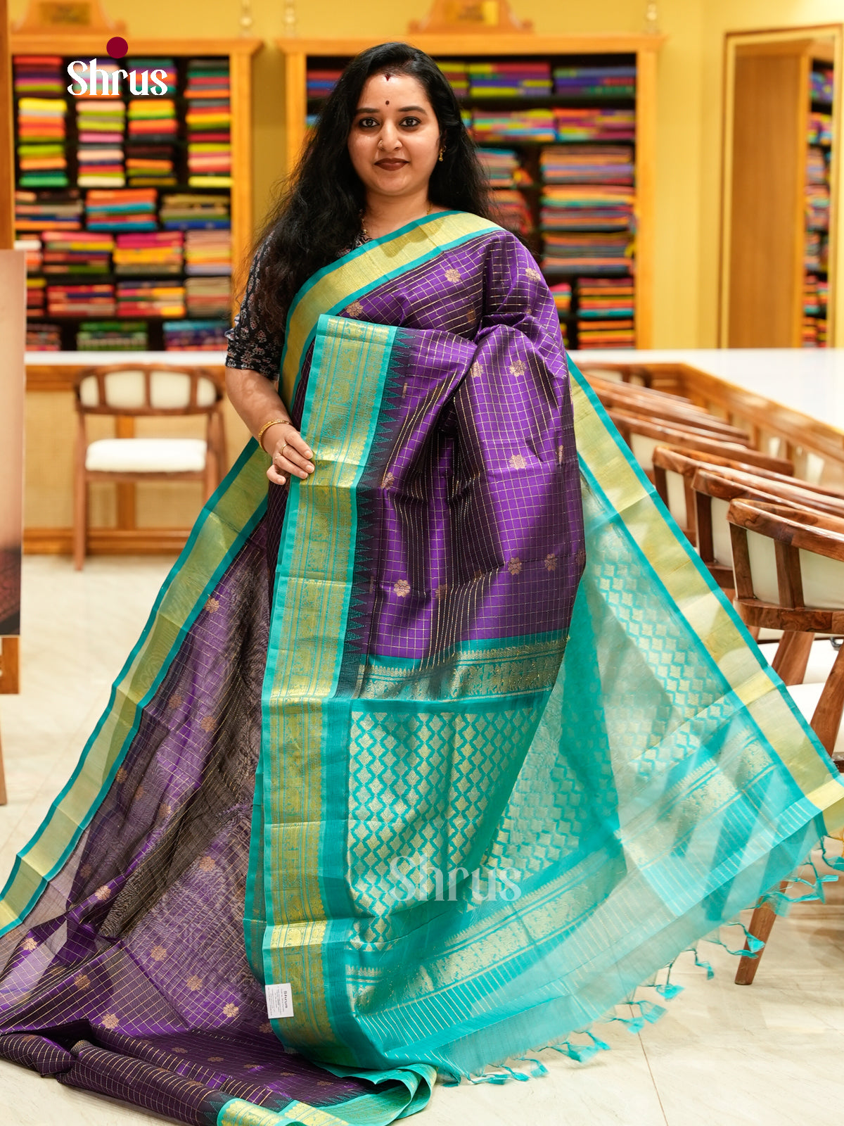 Purple Silk Cotton Saree with Checks with Buttas and Floral Buttas | Turquoise Contrast Border
