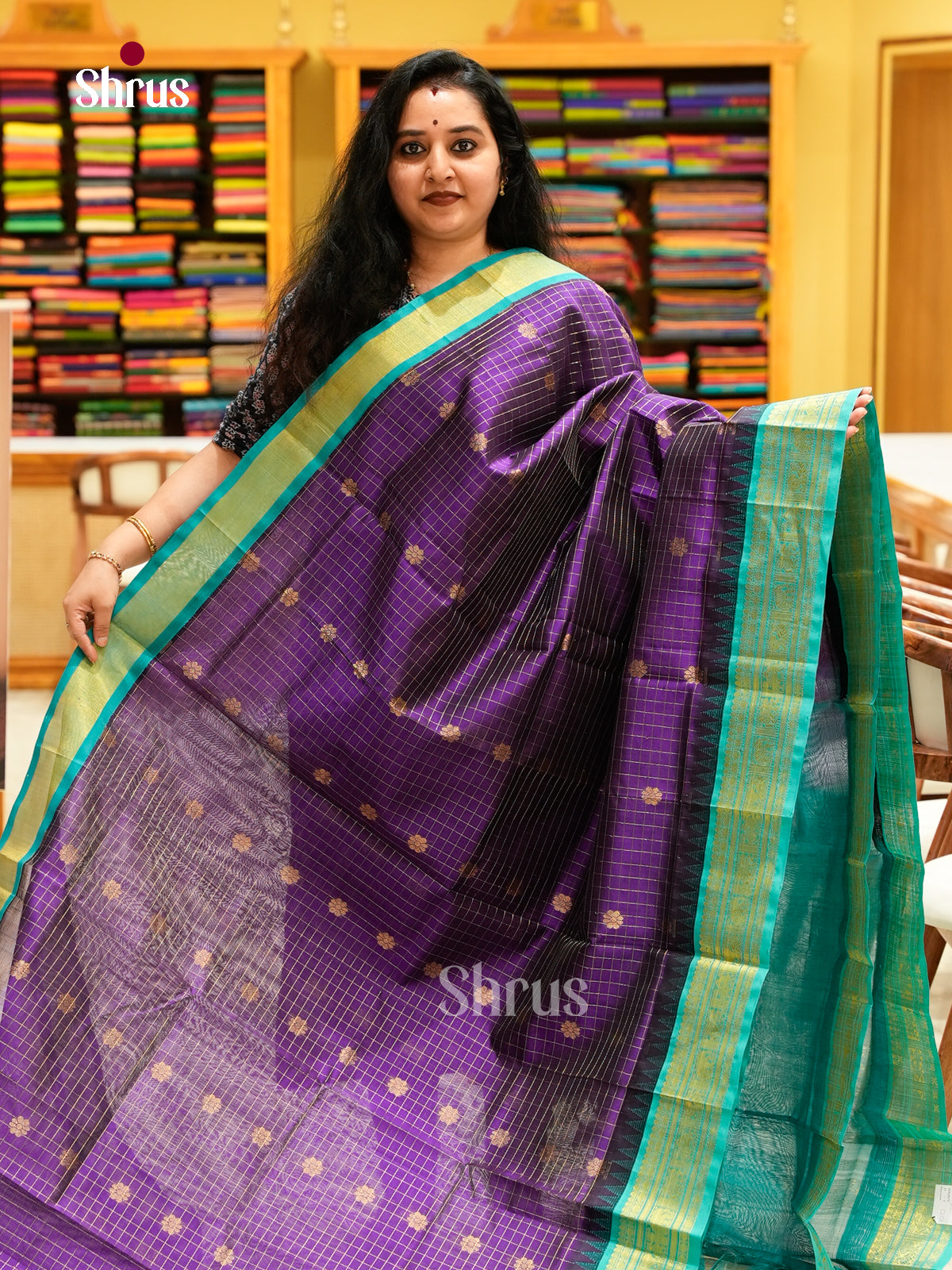 Purple Silk Cotton Saree with Checks with Buttas and Floral Buttas | Turquoise Contrast Border