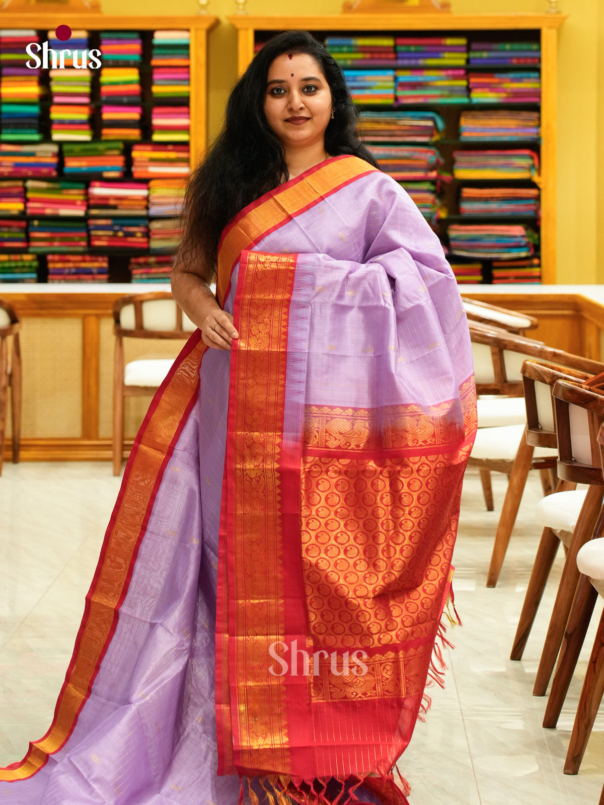 Lavender Silk Cotton Saree with Checks | Red Contrast Border