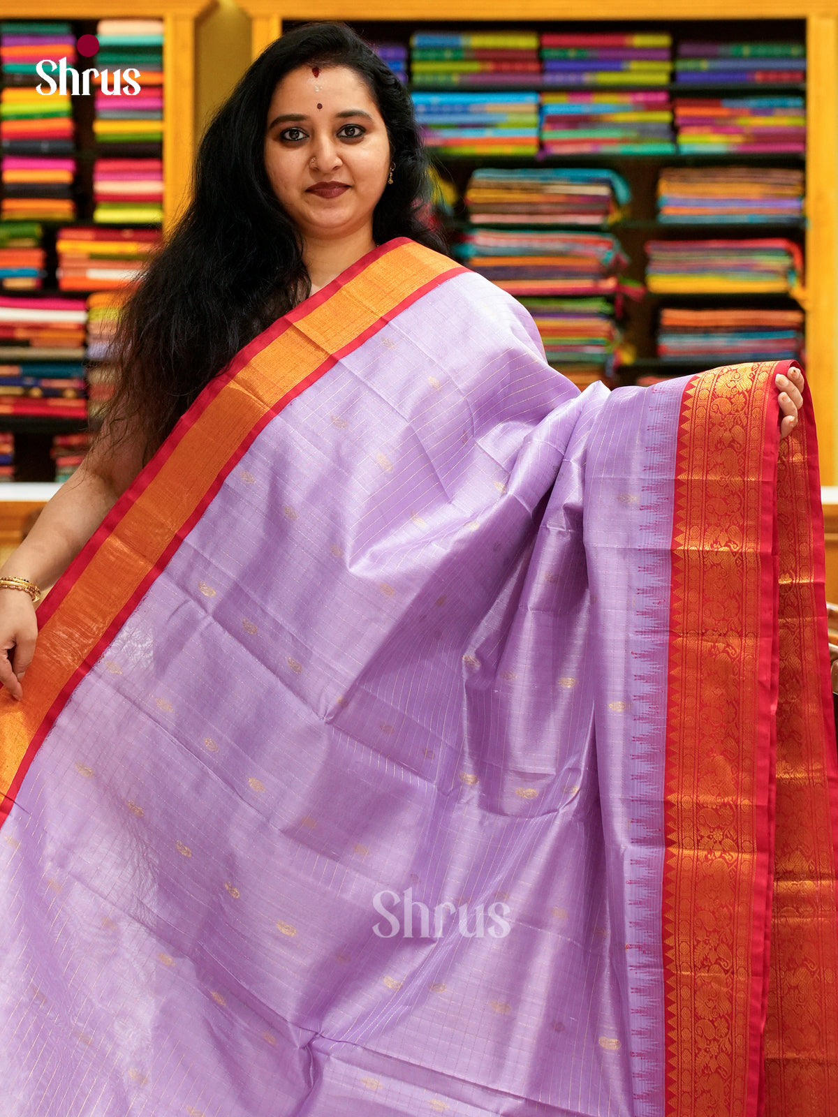Lavender Silk Cotton Saree with Checks | Red Contrast Border