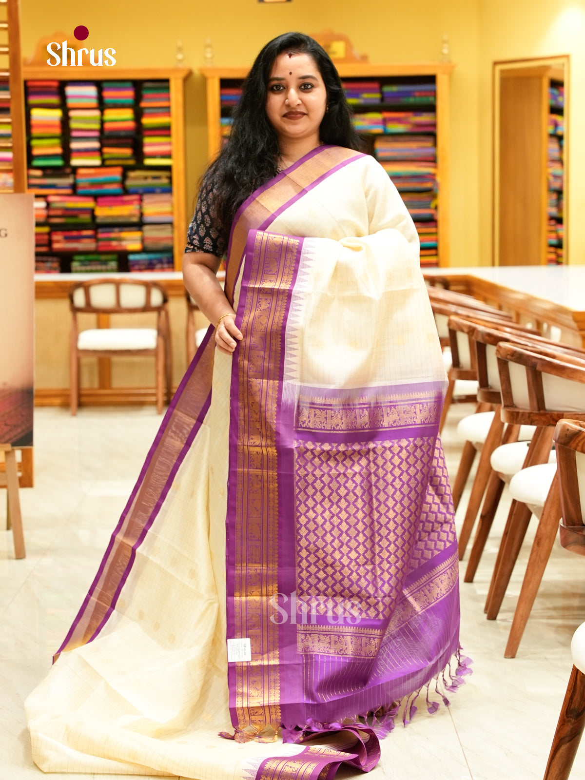 Off-White Silk Cotton Saree with Checks with Buttas and Floral Buttas | Purple Contrast Border