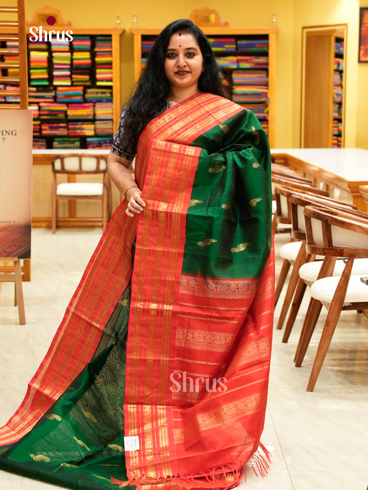 Green Silk Cotton Saree with Peacock Buttas | Maroon Non Korvai Big Border