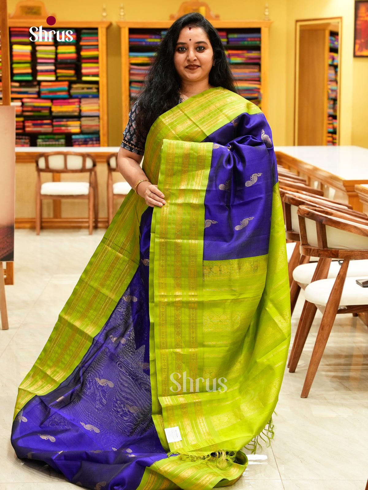 Royal Blue Silk Cotton Saree with Peacock Buttas | Green Contrast Border