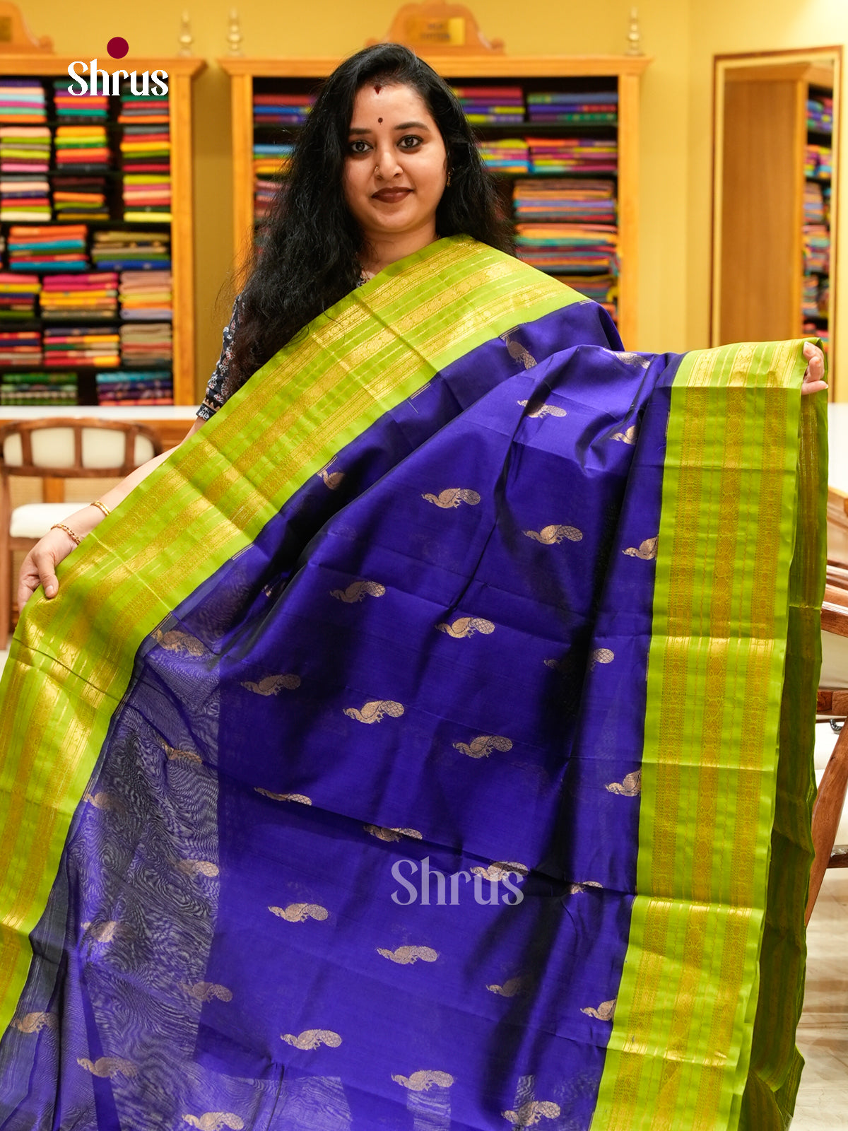 Royal Blue Silk Cotton Saree with Peacock Buttas | Green Contrast Border
