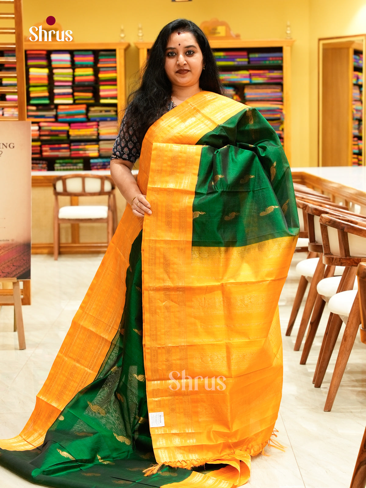 Green Silk Cotton Saree with Peacock Buttas | Mango Yellow Contrast Border