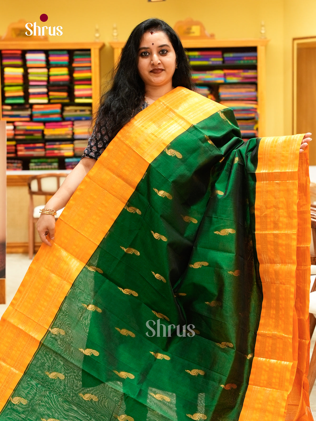 Green Silk Cotton Saree with Peacock Buttas | Mango Yellow Contrast Border