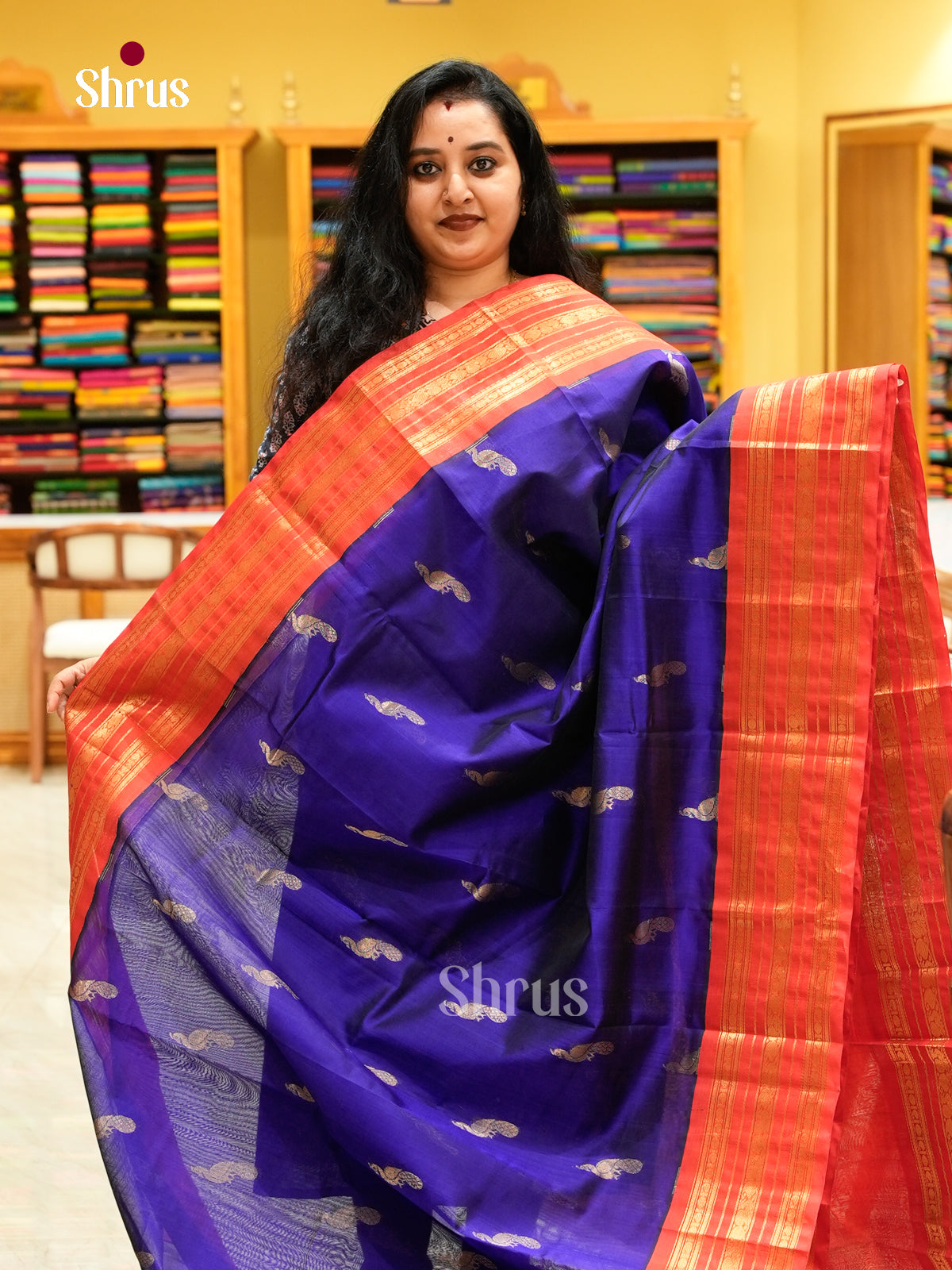 Violet Silk Cotton Saree with Peacock Buttas | Red Contrast Border