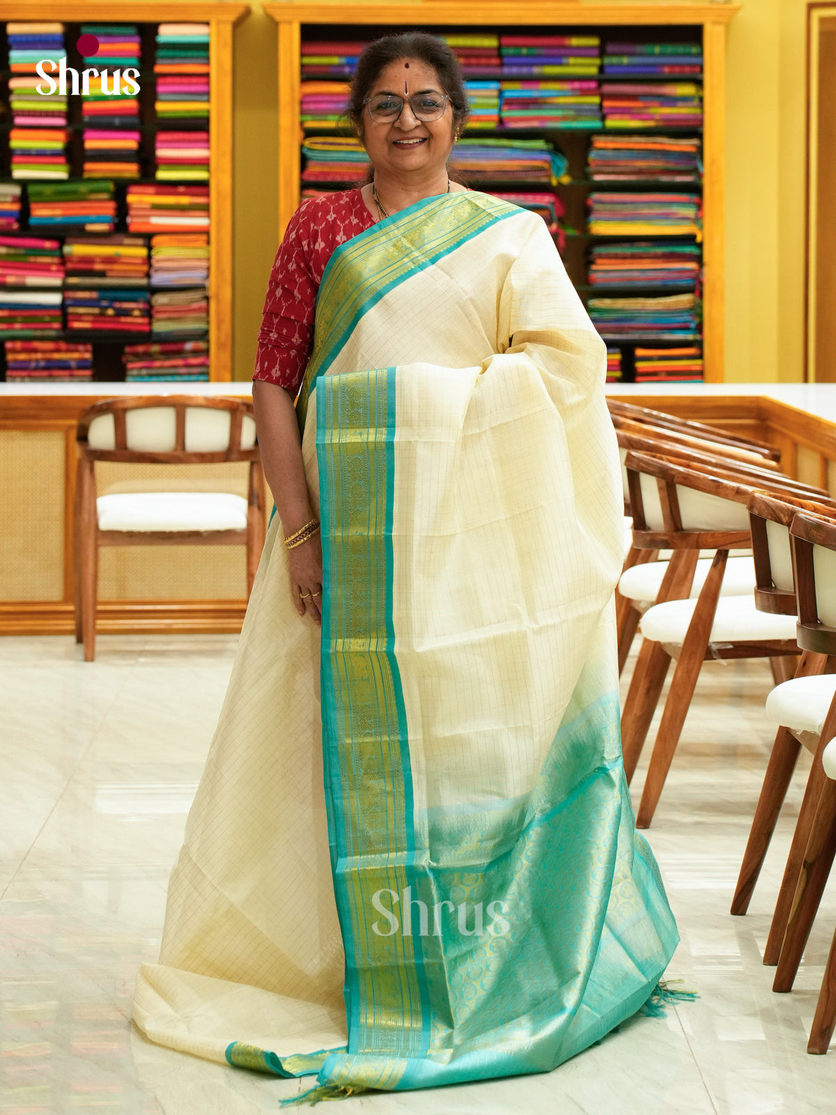 Off-White Silk Cotton Saree with Checks | Turquoise Contrast Border