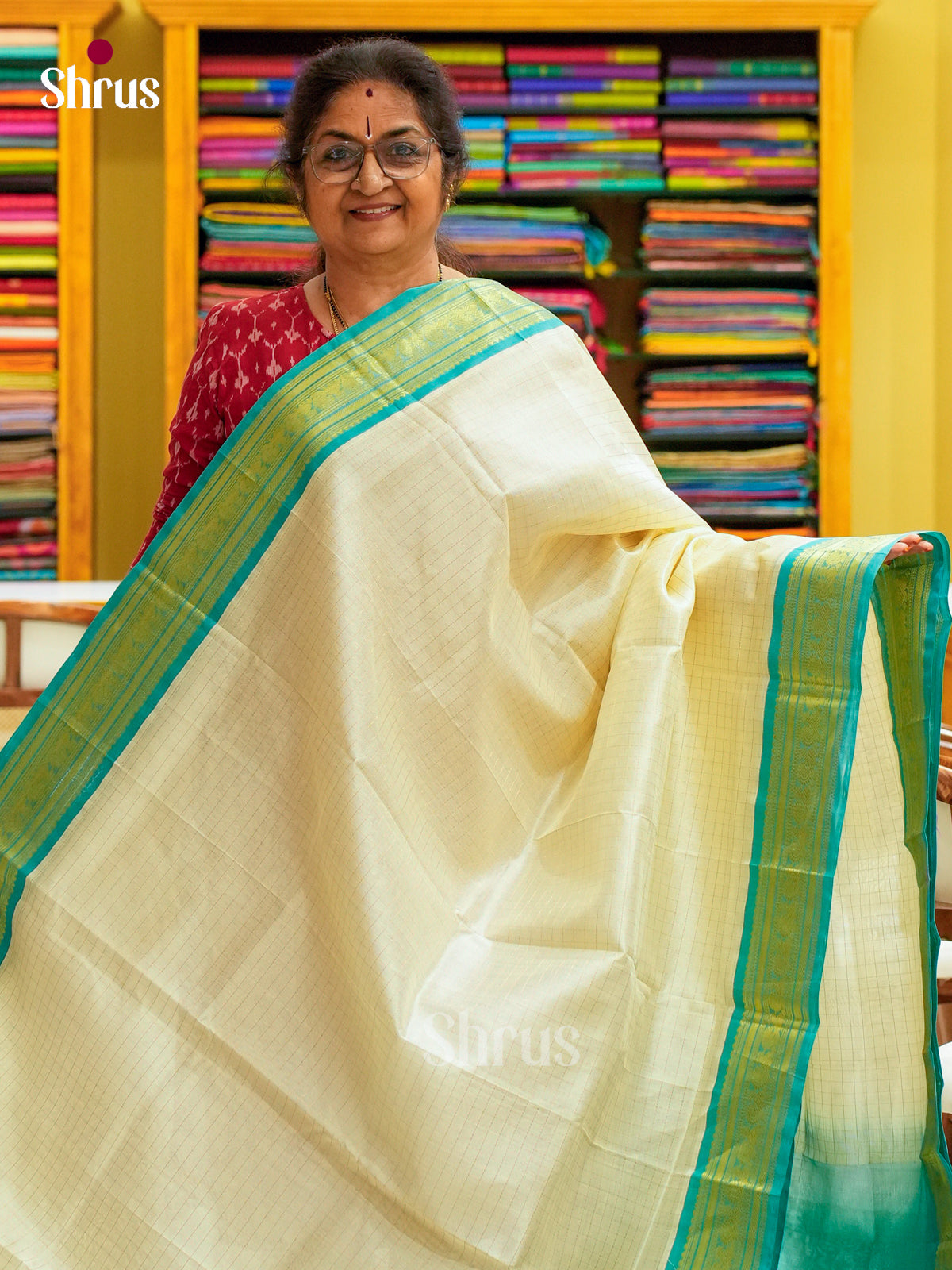 Off-White Silk Cotton Saree with Checks | Turquoise Contrast Border