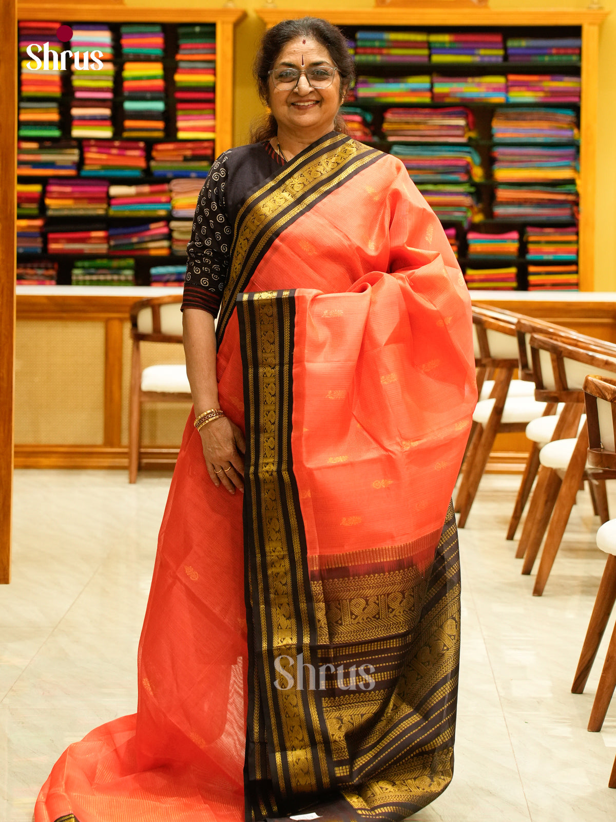 Salmon Pink Silk Cotton Saree with Stripes with Buttas and Vaira Oosi | Black Contrast Border - Shop on Shrus.com