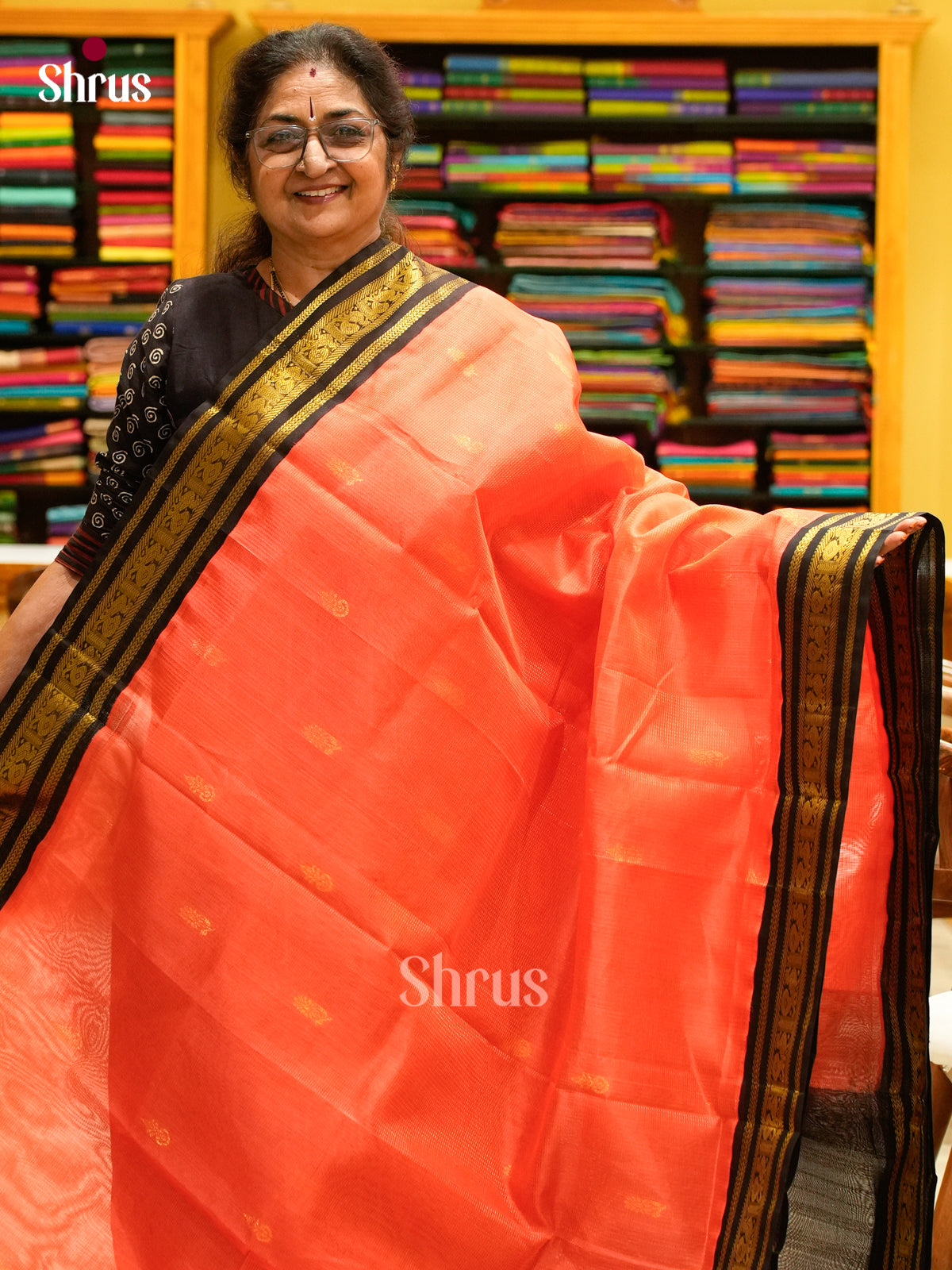 Salmon Pink Silk Cotton Saree with Stripes with Buttas and Vaira Oosi | Black Contrast Border - Shop on Shrus.com