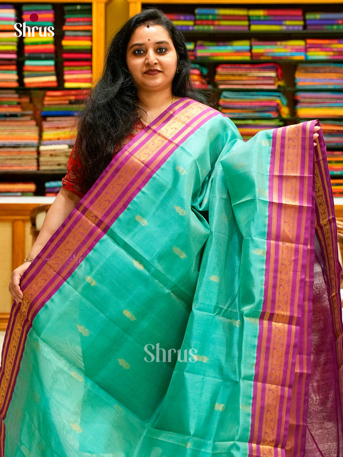 Turquoise Silk Cotton Saree with Stripes and Vaira Oosi | Pink Contrast Border - Shop on Shrus.com