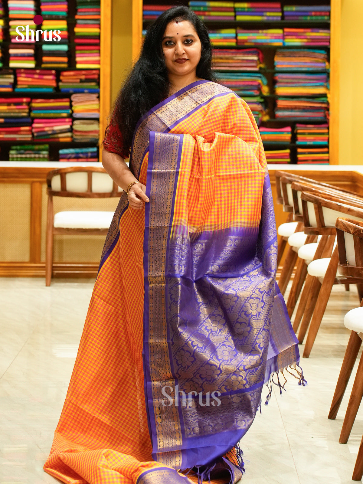 Pink Silk Cotton Saree with Checks | Blue Contrast Border - Shop on Shrus.com