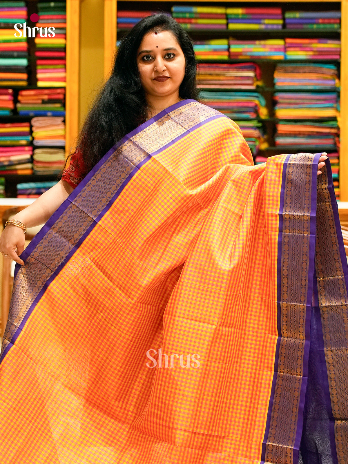 Pink Silk Cotton Saree with Checks | Blue Contrast Border - Shop on Shrus.com
