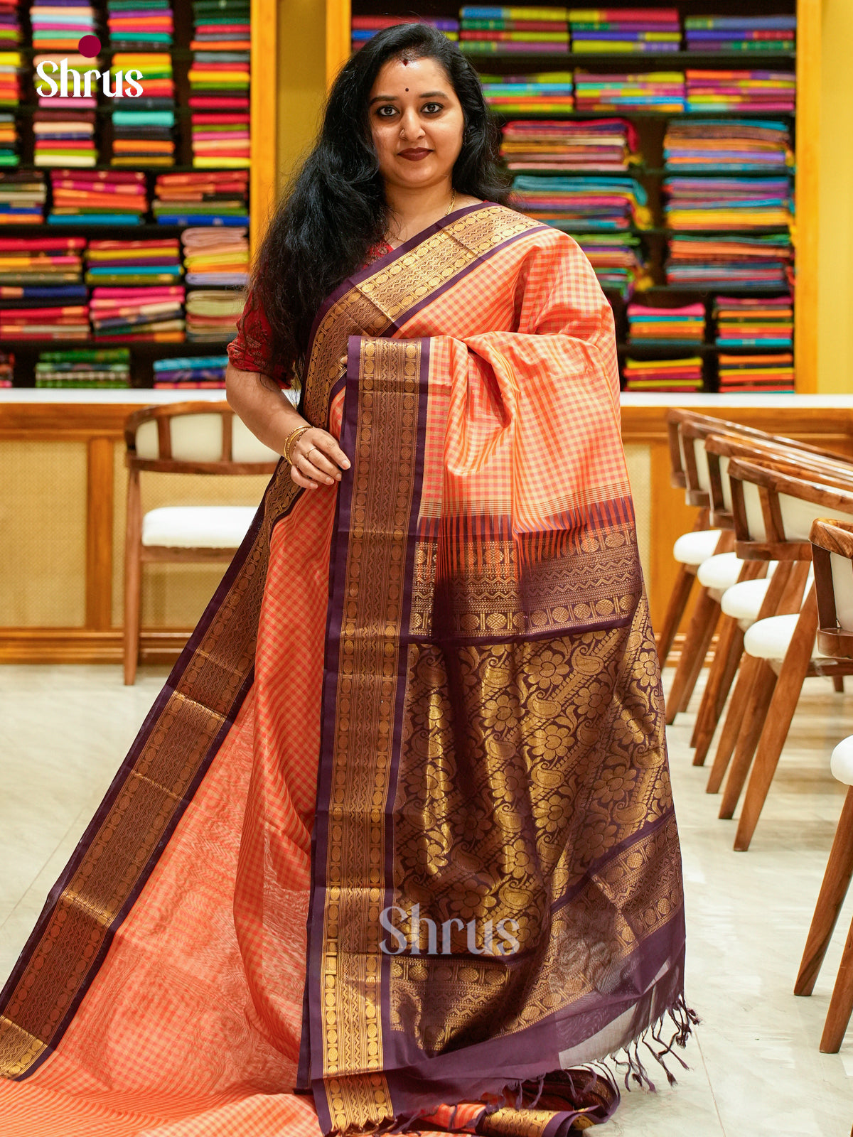 Orange Silk Cotton Saree with Checks | Brown Contrast Border - Shop on Shrus.com
