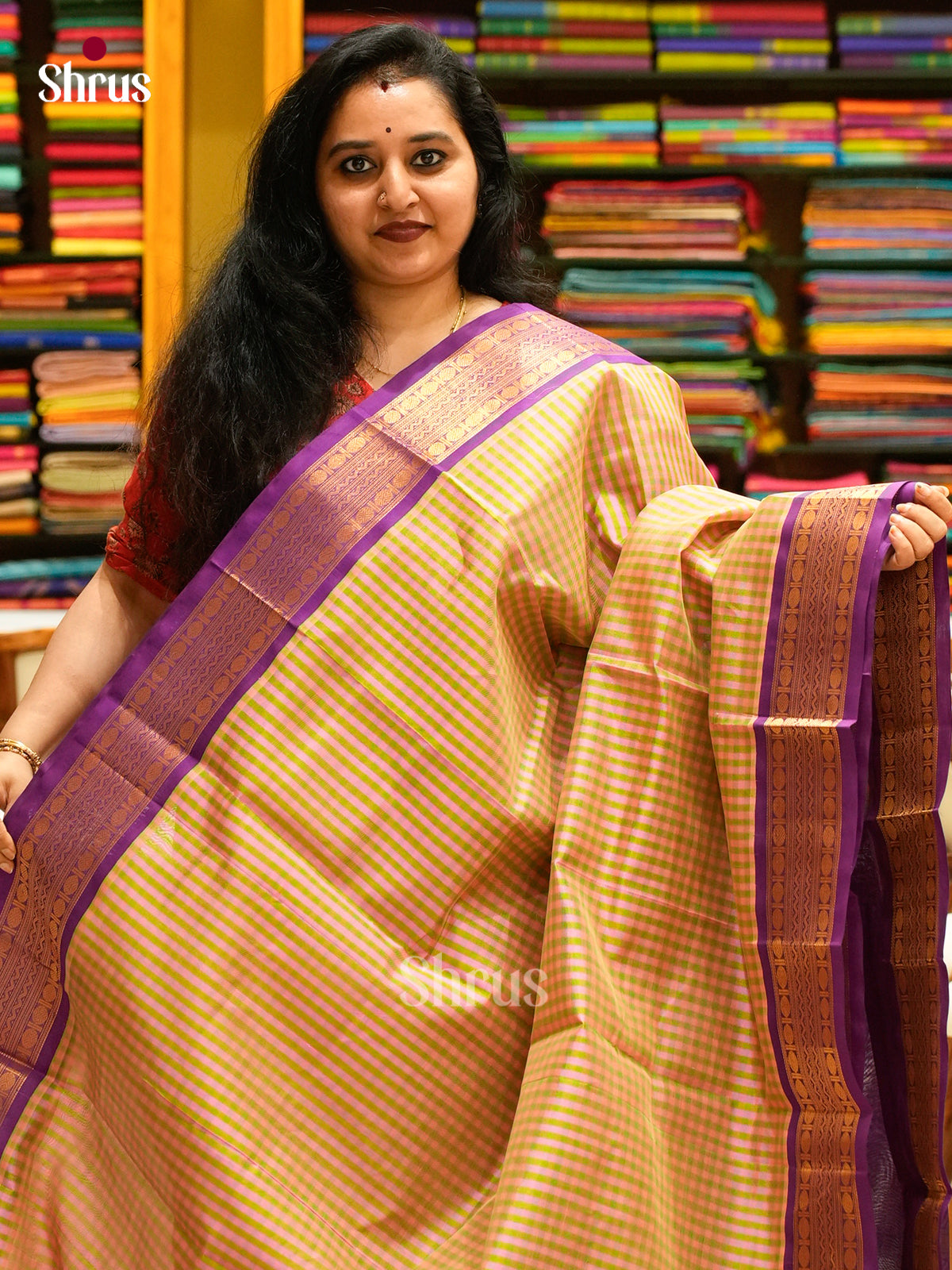Green Silk Cotton Saree with Checks | Violet Contrast Border - Shop on Shrus.com