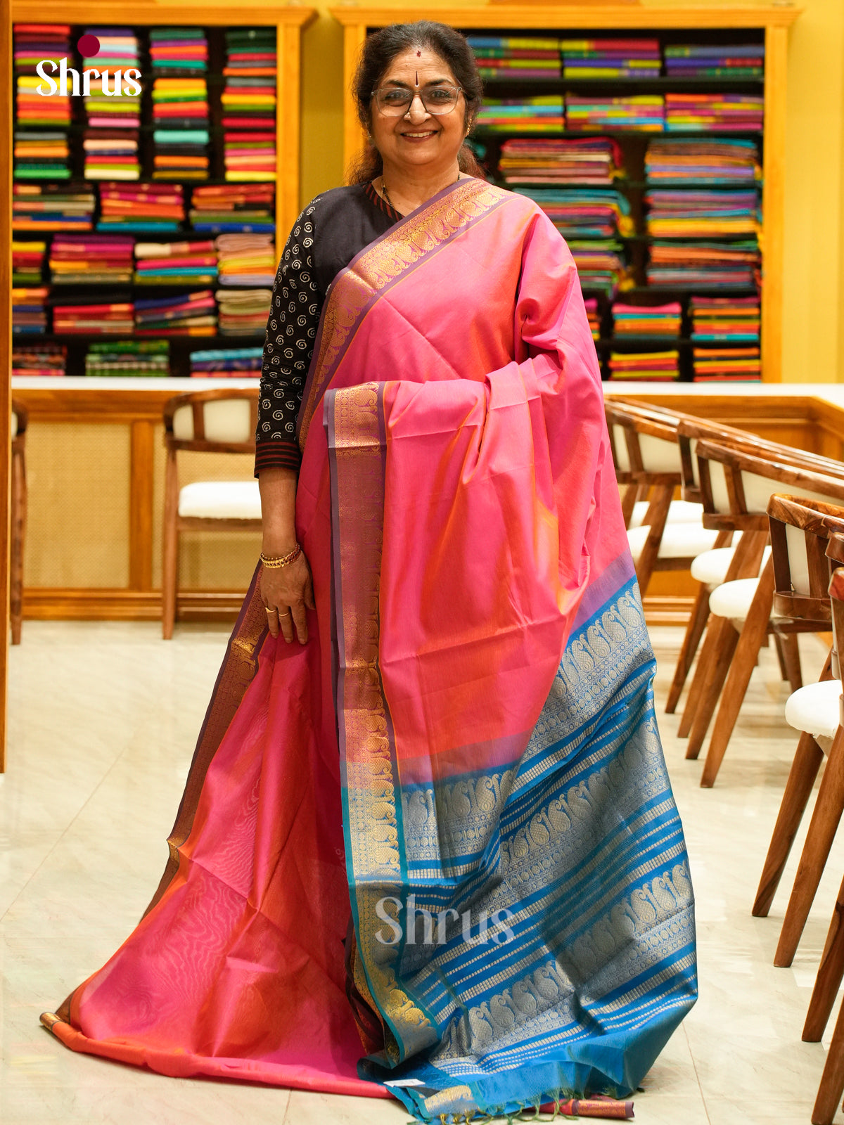 Pink Halfpure Silk Cotton Saree with Lines and Vaira Oosi | Blue Contrast Border - Shop on Shrus.com