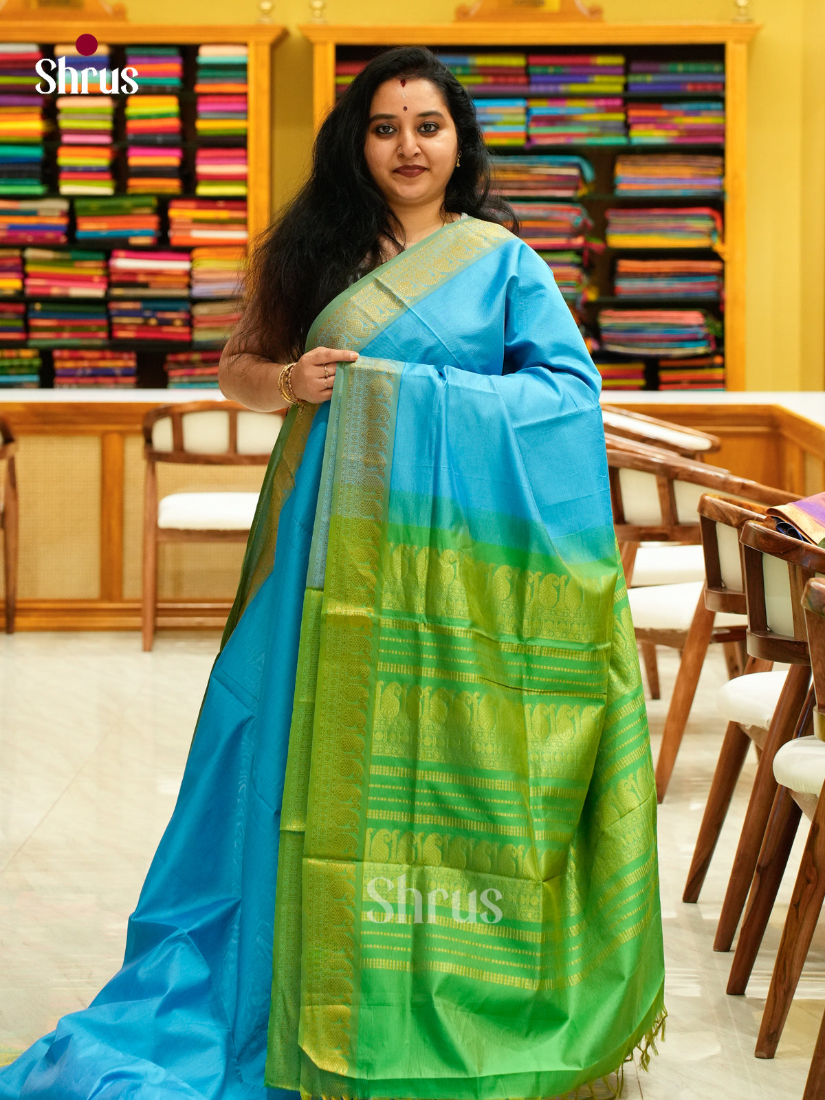 Sky Blue Halfpure Silk Cotton Saree with Stripes and Vaira Oosi | Green Contrast Border