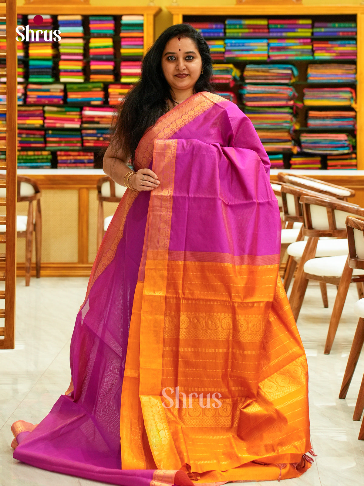 Pink Halfpure Silk Cotton Saree | Orange Contrast Border