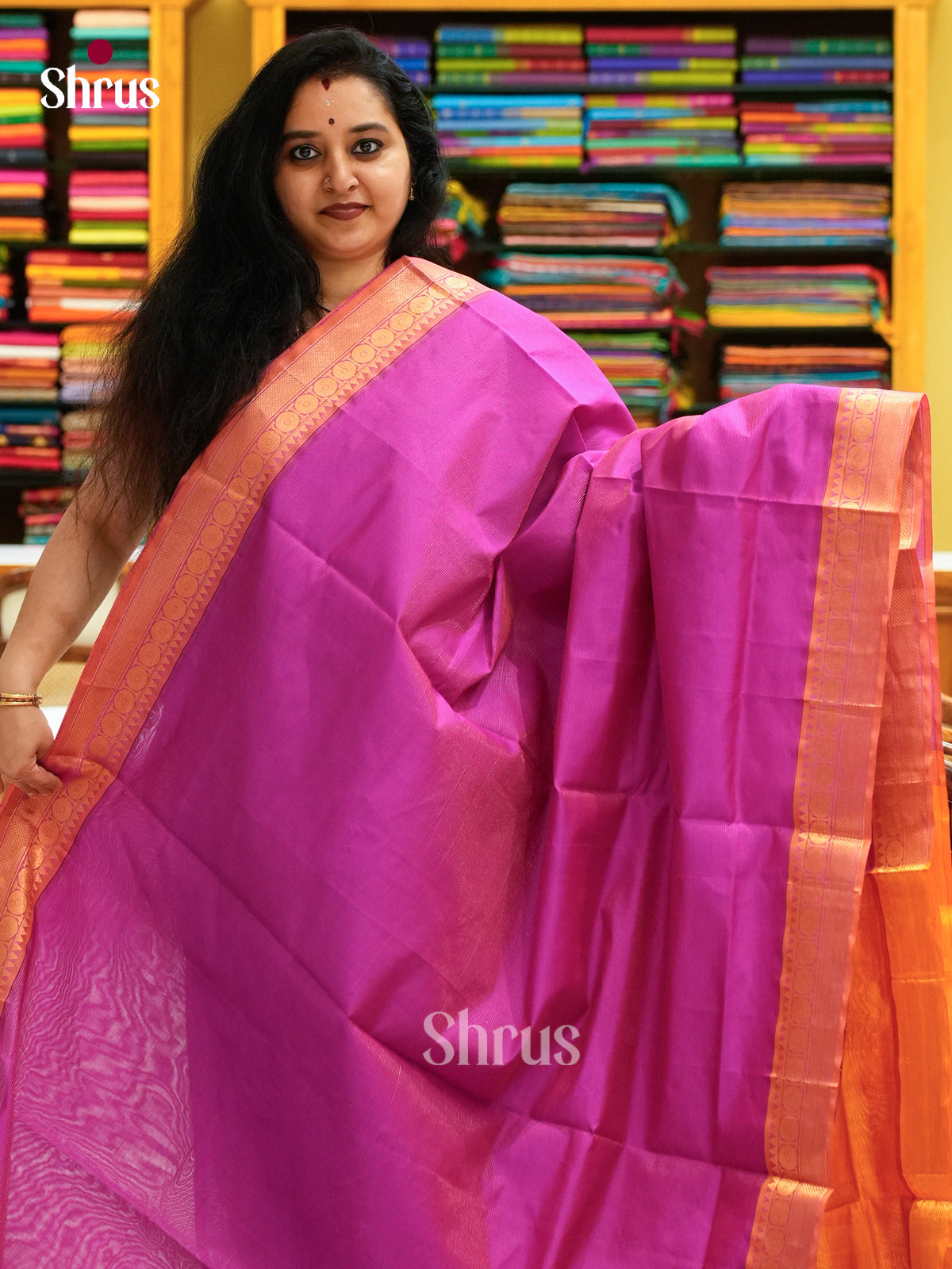Pink Halfpure Silk Cotton Saree | Orange Contrast Border