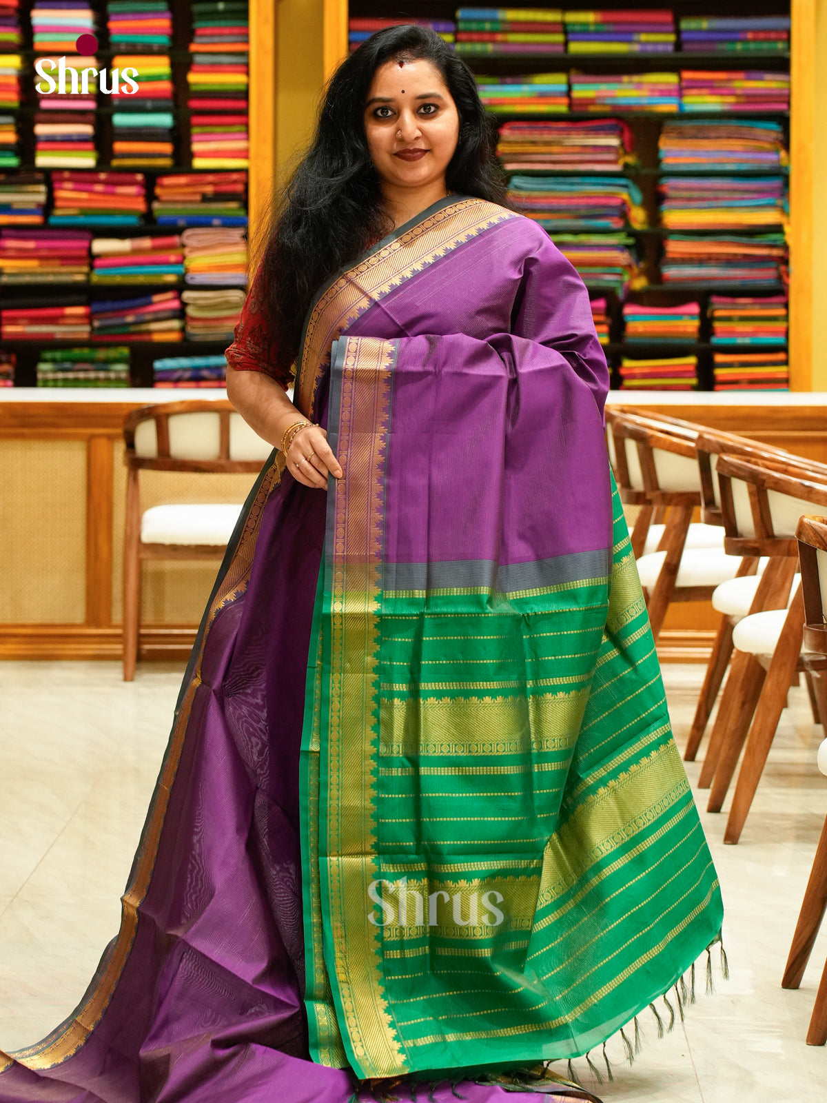 Violet Halfpure Silk Cotton Saree with Lines and Vaira Oosi | Green Contrast Border - Shop on Shrus.com