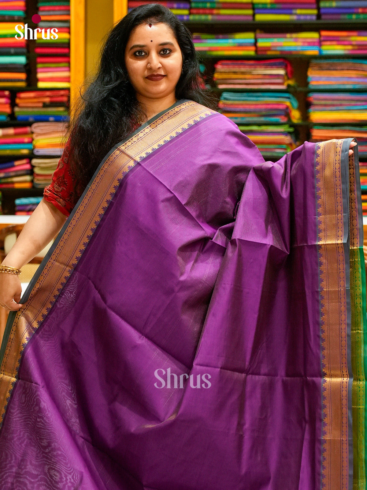 Violet Halfpure Silk Cotton Saree with Lines and Vaira Oosi | Green Contrast Border - Shop on Shrus.com