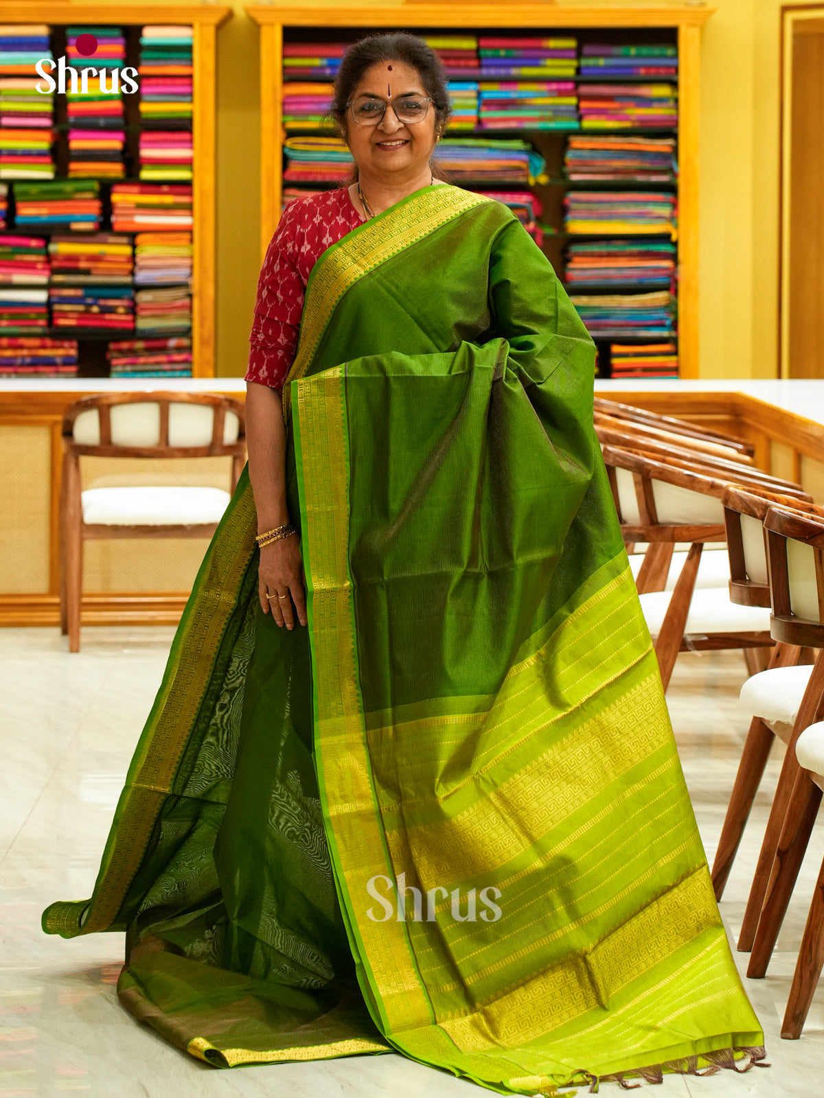 Dark Green Halfpure Silk Cotton Saree with Lines and Vaira Oosi | Olive Green Contrast Border