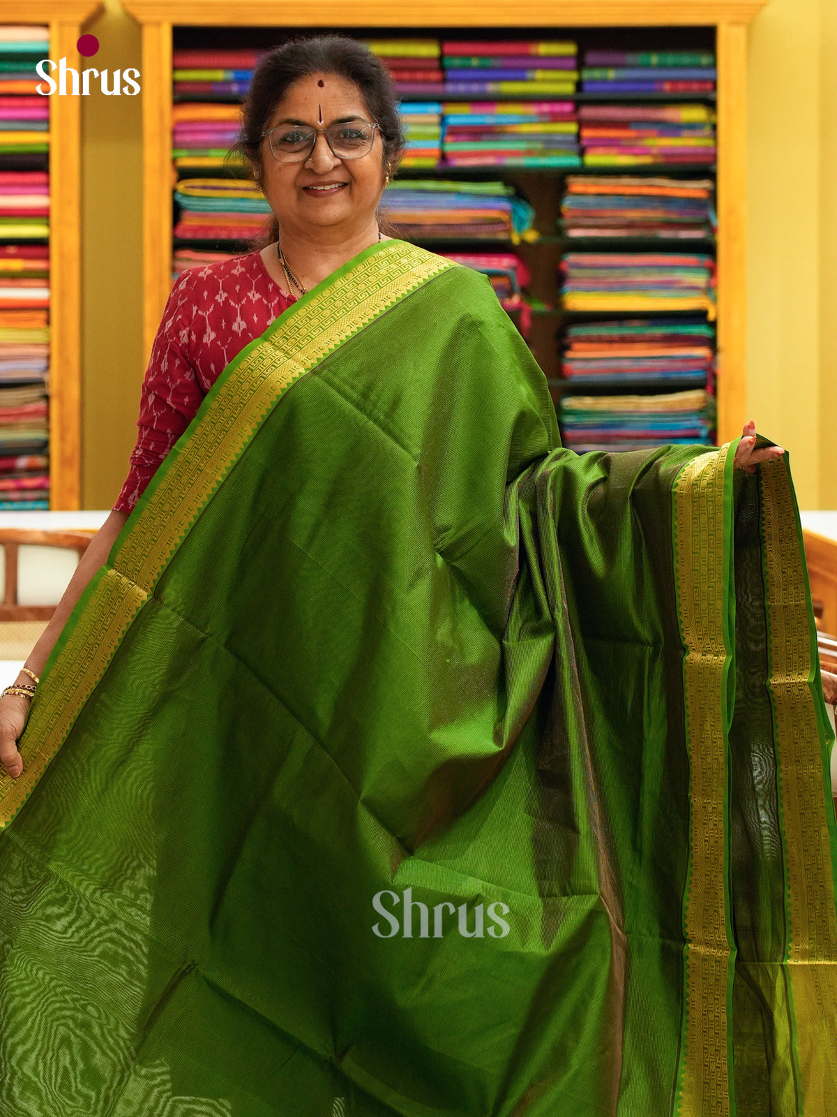 Dark Green Halfpure Silk Cotton Saree with Lines and Vaira Oosi | Olive Green Contrast Border