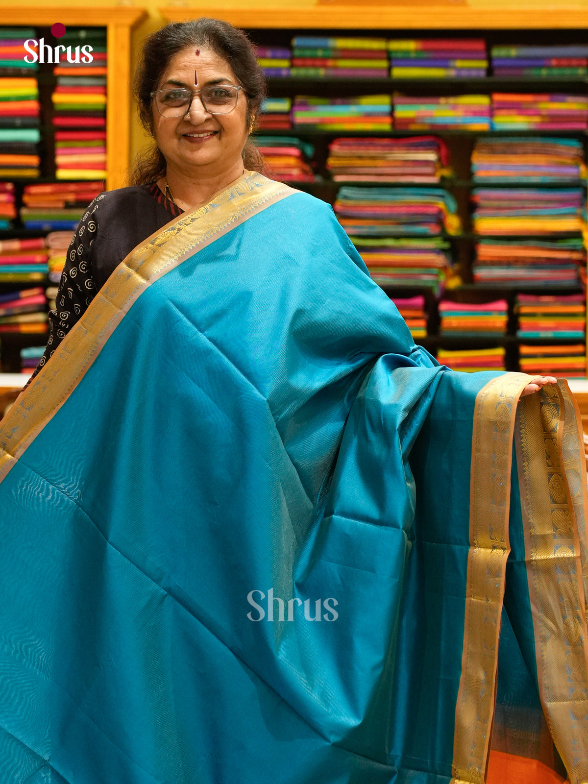Peacock Blue Halfpure Silk Cotton Saree with Lines and Vaira Oosi | Orange Contrast Border