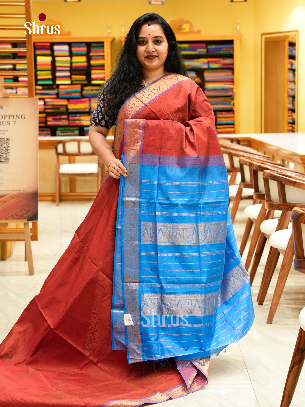 Dark Red Halfpure Silk Cotton Saree with Lines and Vaira Oosi | Blue Contrast Border
