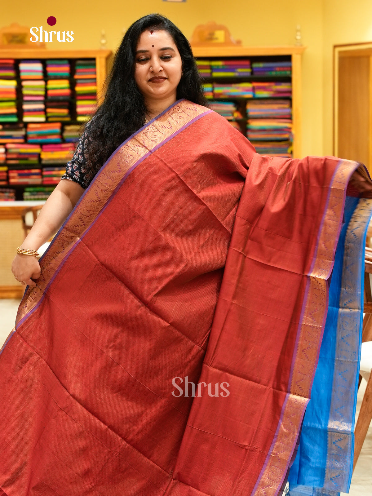 Dark Red Halfpure Silk Cotton Saree with Lines and Vaira Oosi | Blue Contrast Border