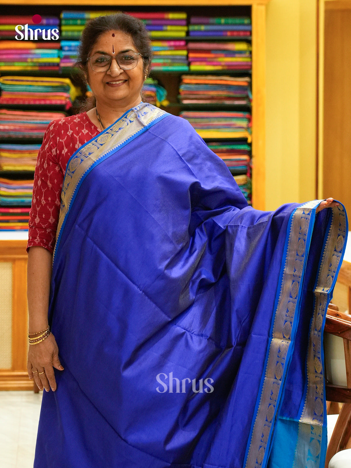 Royal Blue Silk Cotton Saree with Checks with Buttas and Peacock Buttas | Teal Blue Contrast Border