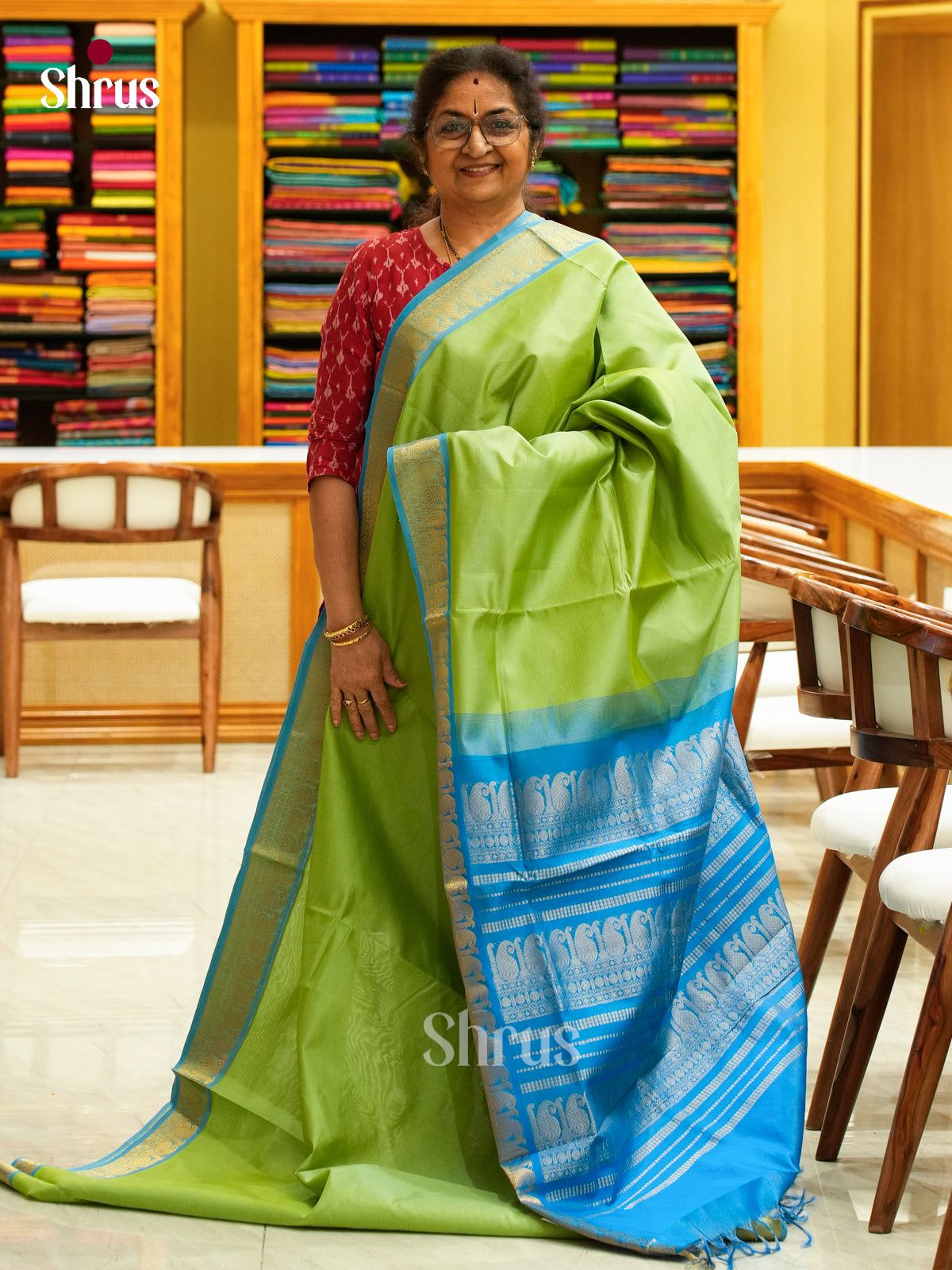 Pista Green Halfpure Silk Cotton Saree with Stripes and Vaira Oosi | Sky Blue Contrast Border