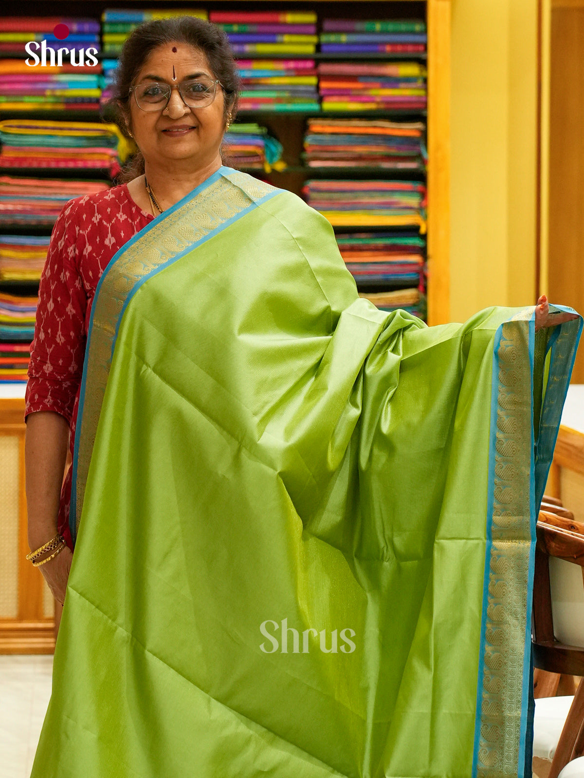 Pista Green Halfpure Silk Cotton Saree with Stripes and Vaira Oosi | Sky Blue Contrast Border