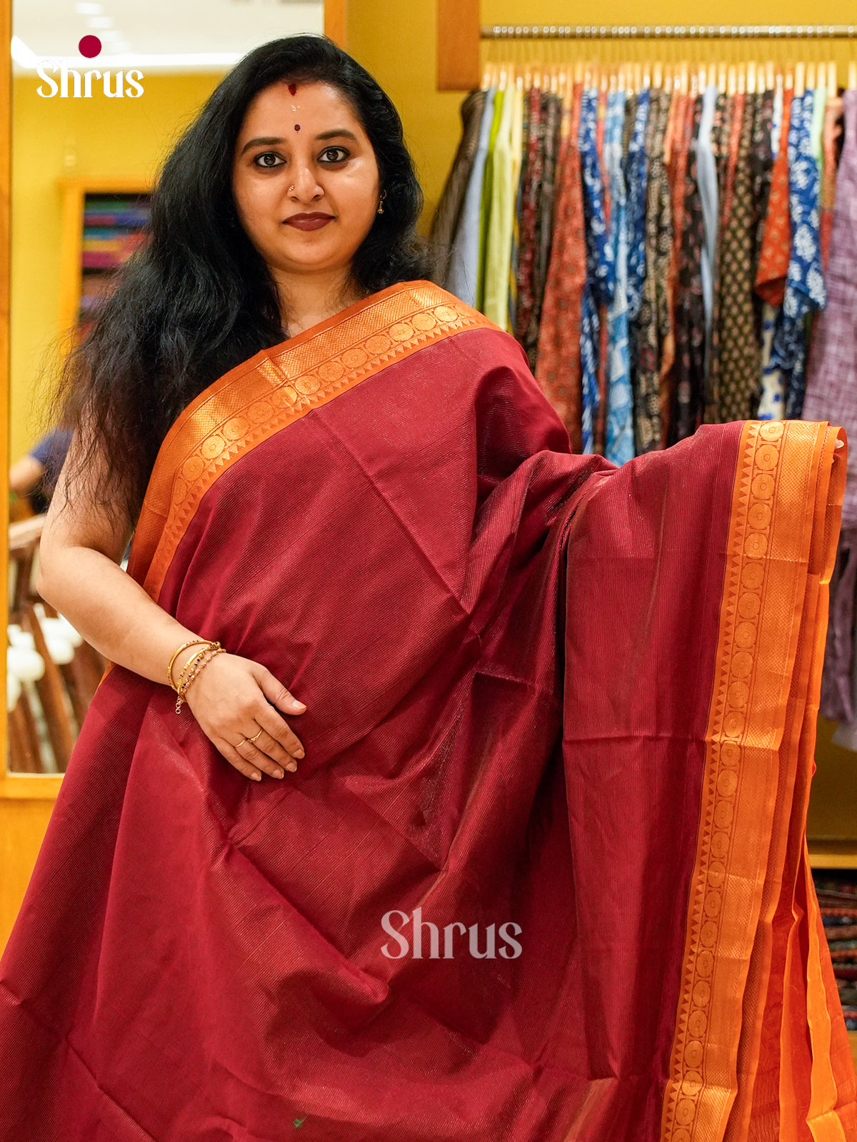 Maroon Halfpure Silk Cotton Saree with Stripes and Vaira Oosi | Orange Contrast Border